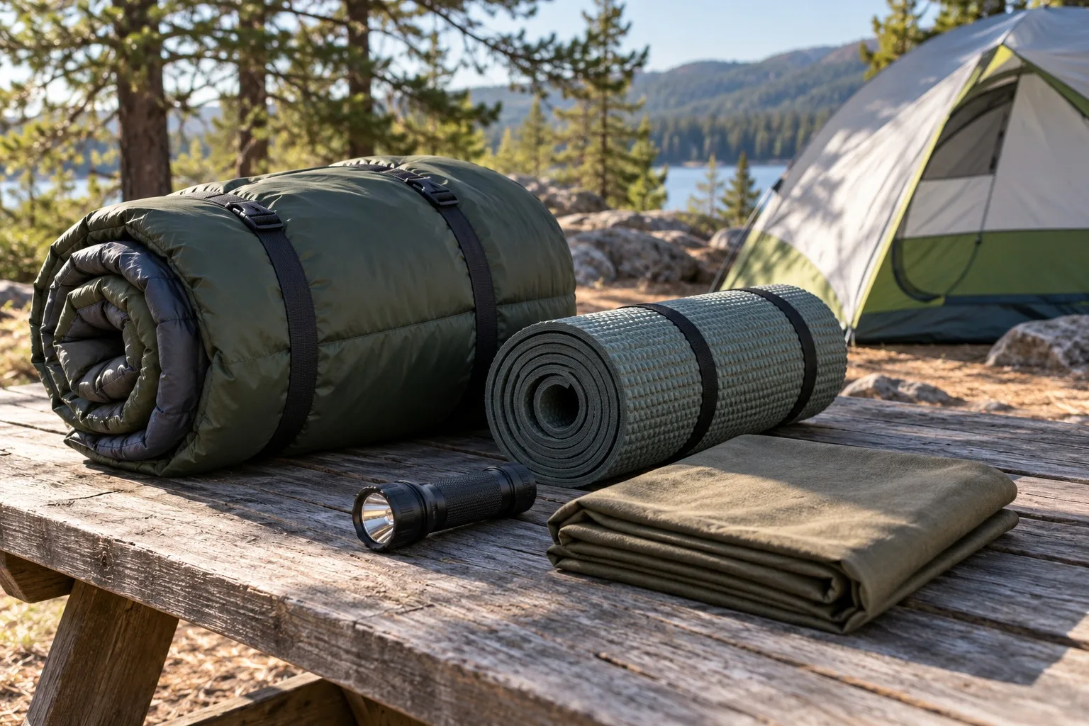 Schlafsack und gerollte Unterlage neben einer Taschenlampe auf einem Campingtisch.